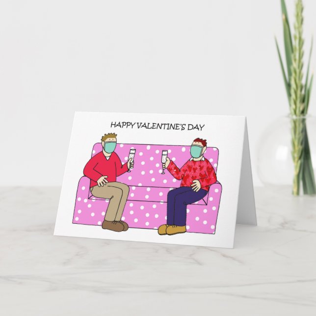 Tarjeta Pareja gay masculina de San Valentín en máscaras f (Anverso)