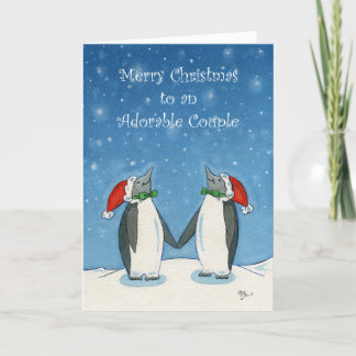 Tarjeta Pareja gay Navidades cuelgan pingüinos copos de ni