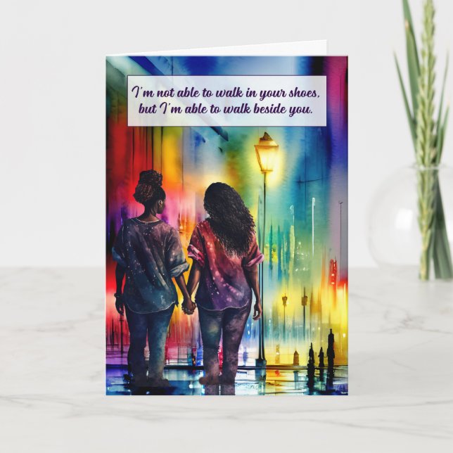 Tarjeta Pareja lesbiana negra camina junto a tu arcoiris g (Anverso)