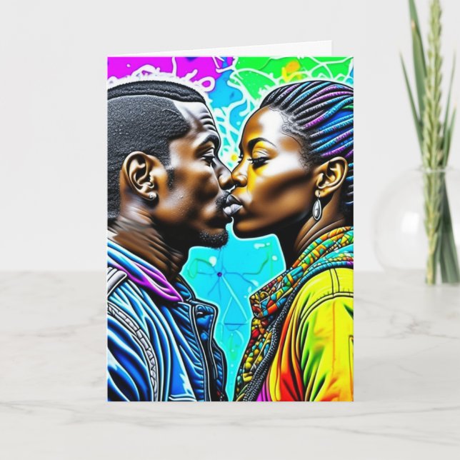 Tarjeta Pareja negra besándose en aniversario de amor (Anverso)