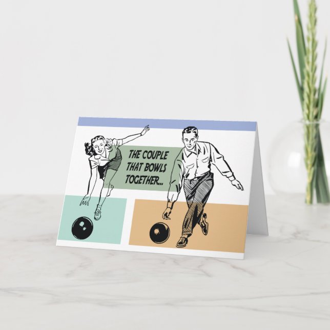 Tarjeta Pareja que juega a los bolos juntos divertida tarj (Anverso)