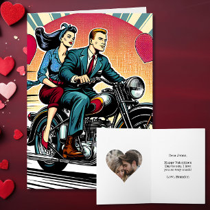 Tarjeta Pareja Retro Adorable en Motocicleta Día de San Va