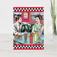 Pareja retro de los años 1950 en Diner Feliz cumpl