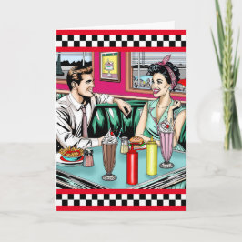 Tarjeta Pareja retro de los años 1950 en Diner Feliz cumpl