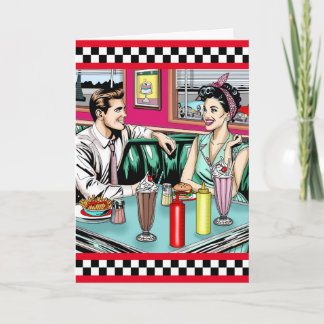 Tarjeta Pareja retro de los años 1950 en Diner Feliz cumpl