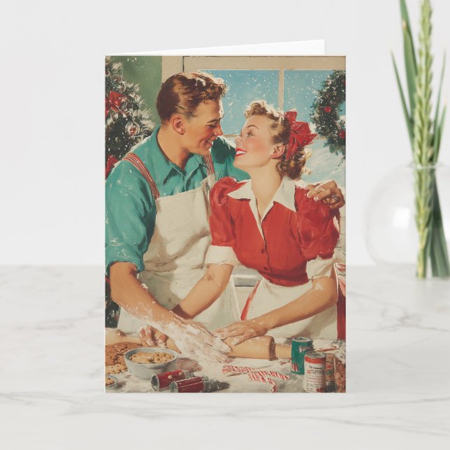 Tarjeta Pareja Retro de Navidad Horneando Amor (Anverso)