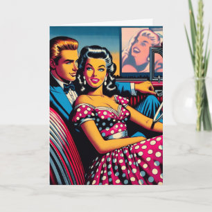 Tarjeta Pareja retro en auto en auto en aniversario de pel