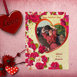 Tarjeta Pareja romántica Vintage Valentine Heart y Rosas