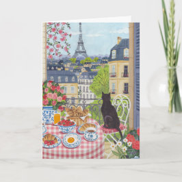 Tarjeta Paris Balcony Cat Breakfast Eiffel Tower Greeting