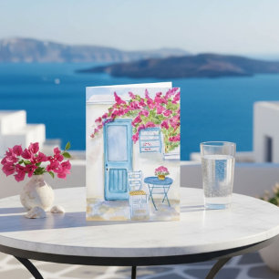 Tarjeta Paros Grecia Puerta Azul y Buganvilla Acuarela