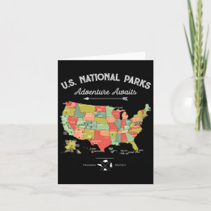Tarjeta Parques nacionales en mapa de camisetas acampando