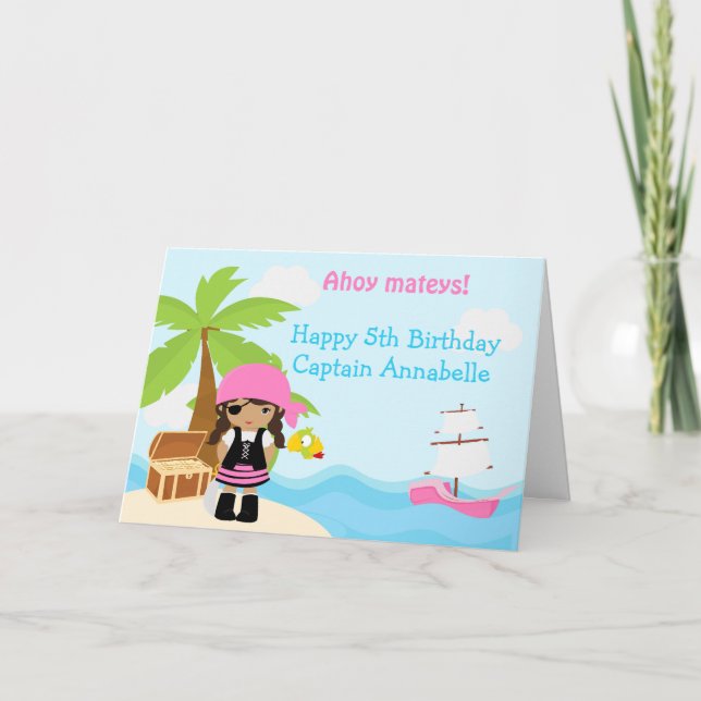 Tarjeta Partido de Cumpleaños del Chica Pirata Americano C (Anverso)