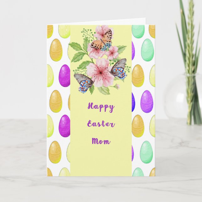 Tarjeta Pascua con flores, huevos y mariposas para mamá (Anverso)