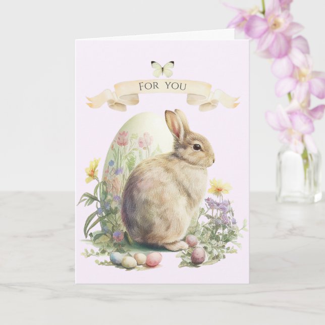 Tarjeta Pascua, conejo floral con huevo decorativo (Orquídea)