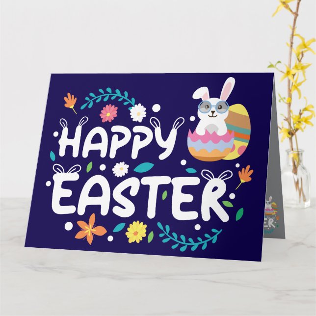 Tarjeta Pascua feliz, huevos, conejo y flores (flor amarilla)