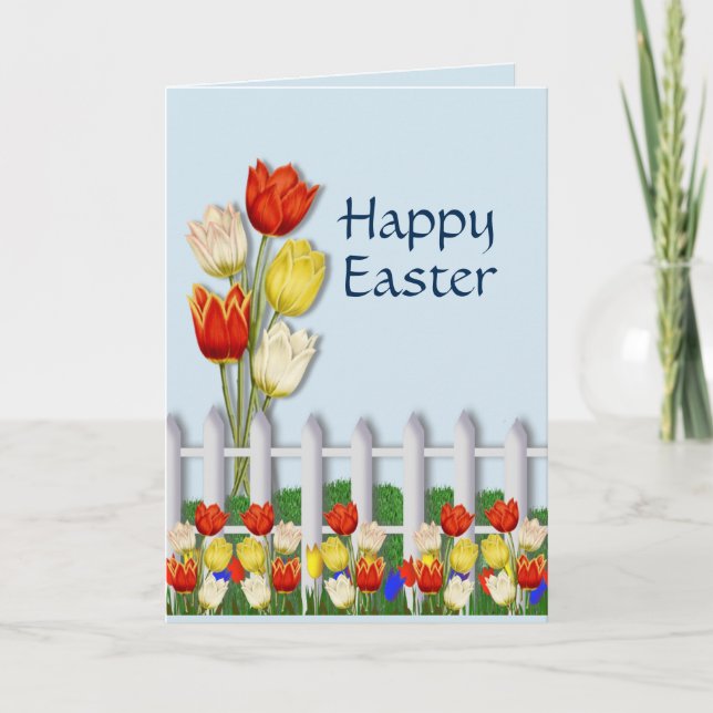 Tarjeta Pascua feliz, tulipanes brillantes (Anverso)