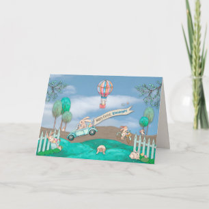 Tarjeta Pascua, nieta, conejos pequeños ocupados