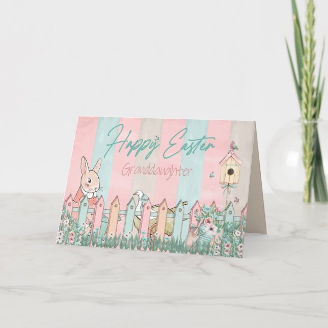 Tarjeta Pascua, nieta, jardinería confitada, valla (Anverso)