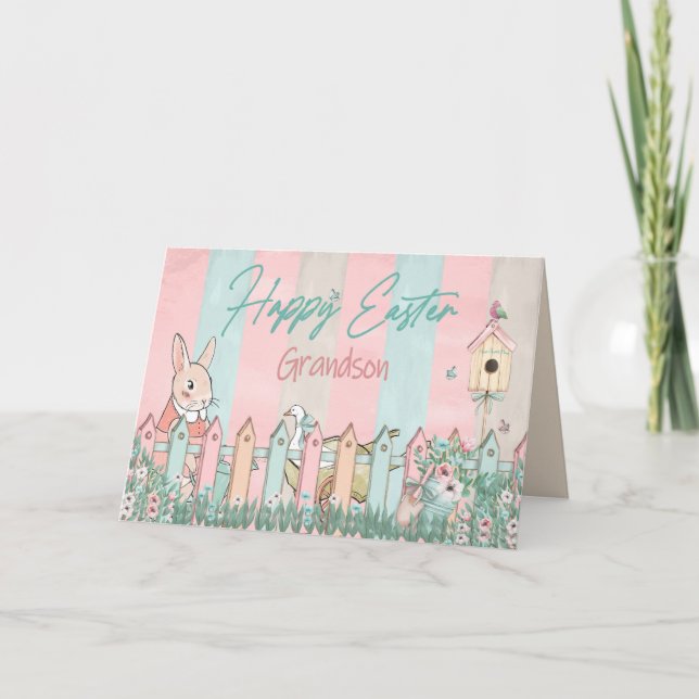 Tarjeta Pascua, nieto, jardinería confitada, cerca (Anverso)