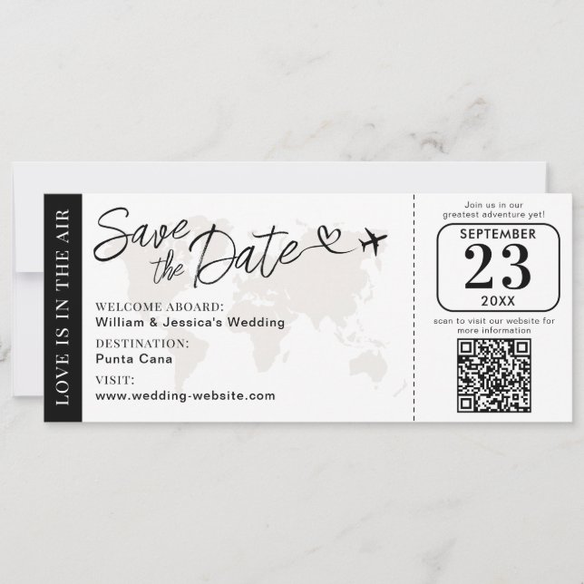 Tarjeta Pase de Abordar Boda Guardar la Fecha con Código Q (Anverso)