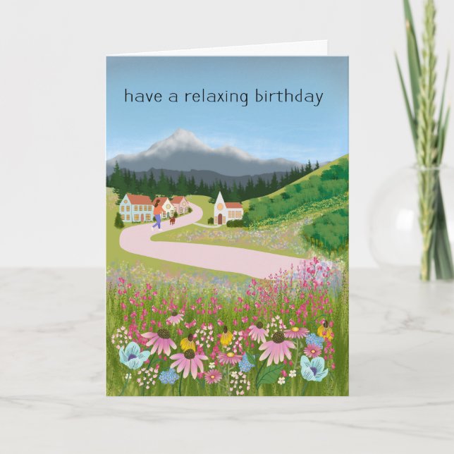 Tarjeta Paseando Perro Cumpleaños Pueblo Campestre (Anverso)