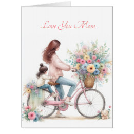 Tarjeta Paseo en bicicleta de madre e hijo floral acuarela