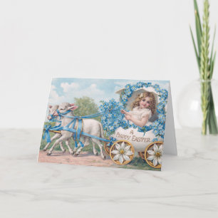 Tarjeta Paseo en carruaje de huevo de Pascua con corderos