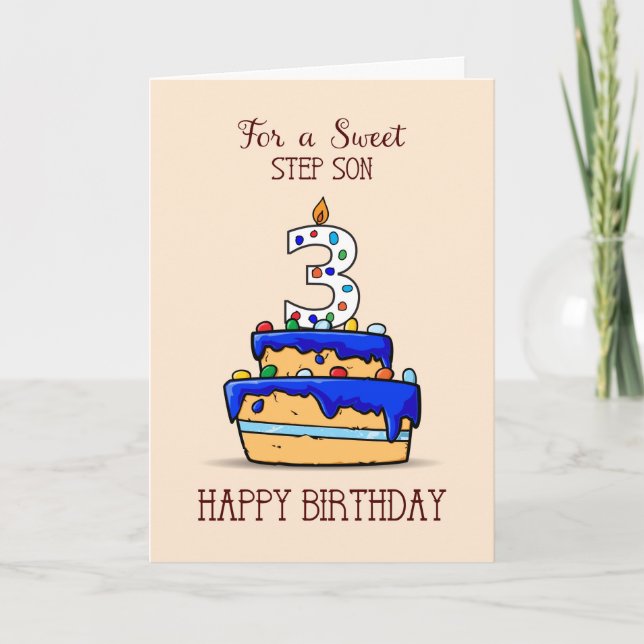 Tarjeta Paso Son tercer cumpleaños, 3 en dulce pastel azul (Anverso)