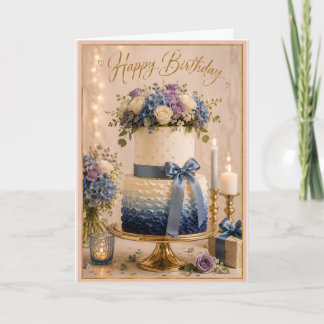 Tarjeta Pastel Azul Elegante Tarta Floral de Cumpleaños