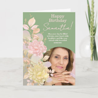 Tarjeta Pastel Blush Pink Floral Photo Birthday Greeting