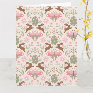 Tarjeta Pastel Conejo de Pascua y Patrón de Flores