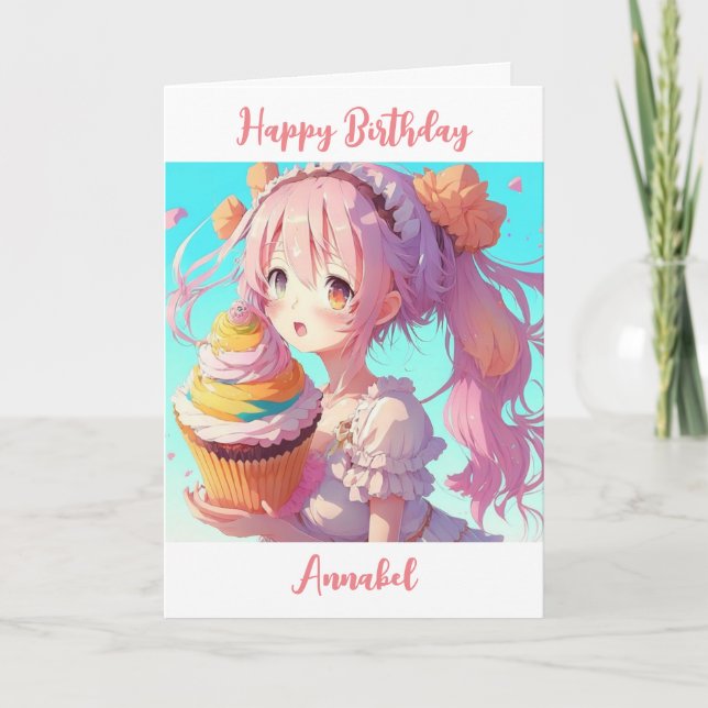 Tarjeta Pastel de Chica de Anime Feliz Cumpleaños Personal (Anverso)