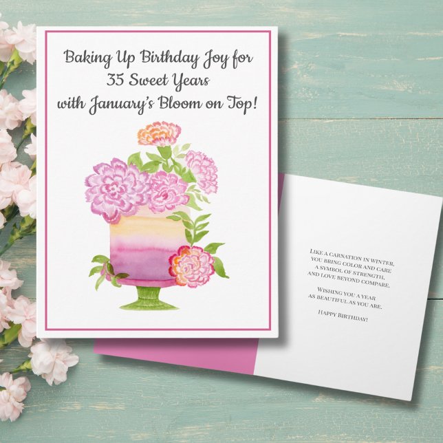 Tarjeta Pastel de cumpleaños 35 de enero con claveles púrp (Subido por el creador)