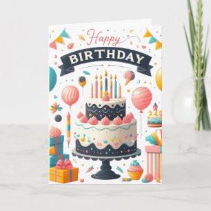 Tarjeta Pastel de Cumpleaños Alegre con Globos