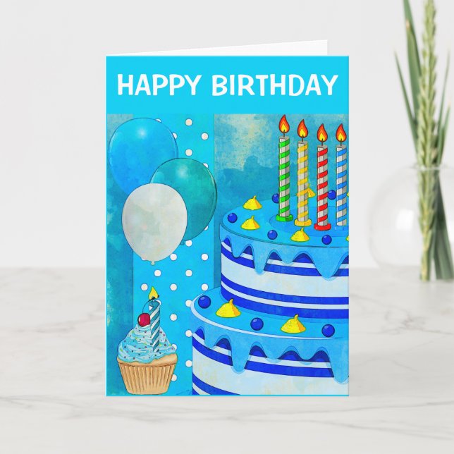 Tarjeta Pastel de cumpleaños azul (Anverso)