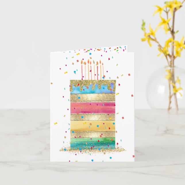 Tarjeta Pastel de cumpleaños con confetti y velas (flor amarilla)