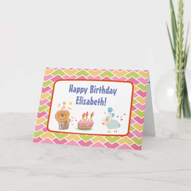 Tarjeta Pastel de cumpleaños con león Fiesta y oveja con g (Anverso)