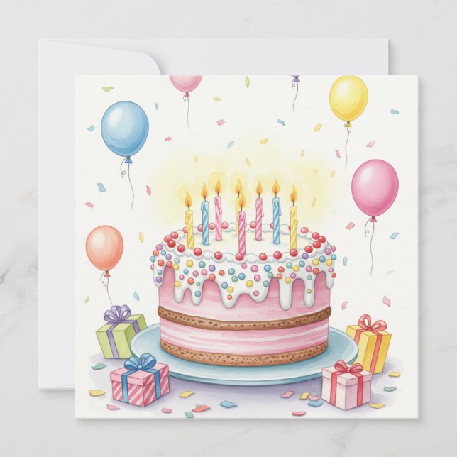 Tarjeta Pastel de cumpleaños con velas y globos (Anverso)