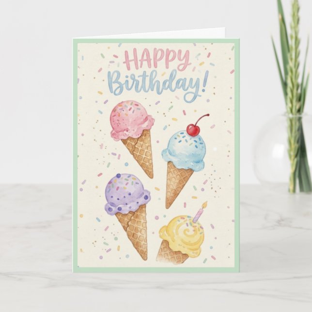 Tarjeta Pastel de Cumpleaños de Cono de Helado de Acuarela (Anverso)