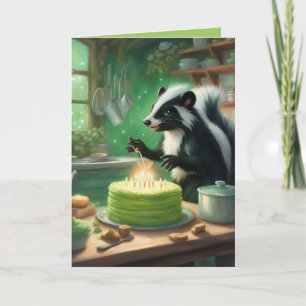 Tarjeta Pastel de Cumpleaños de Zorrillo en una Cocina Mág