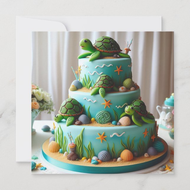 TARJETA PASTEL DE CUMPLEAÑOS DECORADO CON TORTUGAS PEQUEÑA (Anverso)