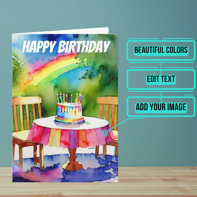 Tarjeta Pastel de cumpleaños en patio trasero con acuarela (Wish someone you care about a happy birthday with this colorful design featuring watercolors.)