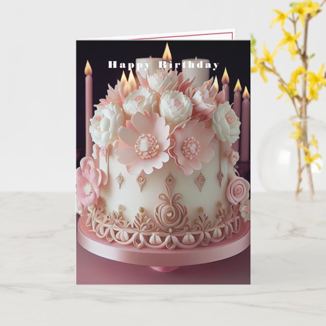 Tarjeta Pastel de cumpleaños feliz con velas y flores rosa (flor amarilla)