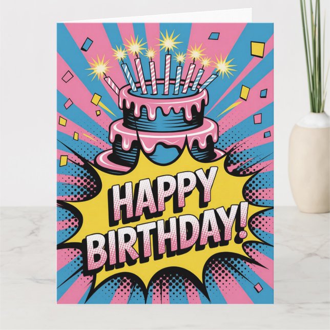 Tarjeta Pastel de cumpleaños feliz de arte pop (Anverso)