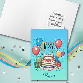 Tarjeta Pastel de cumpleaños feliz y globos en azul naranj