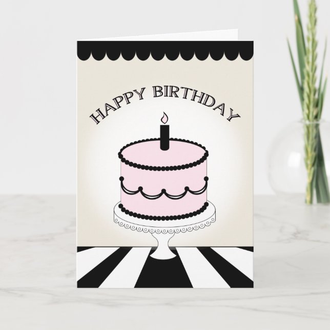 Tarjeta Pastel de cumpleaños rosado y negro / Stripes (Anverso)