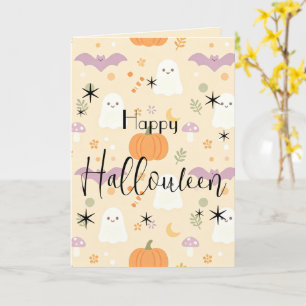 Tarjeta pastel de Halloween de fantasma y calabaza