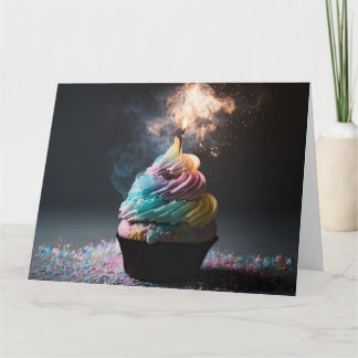 Tarjeta Pastel de pastel de cumpleaños con fuego de arcoir