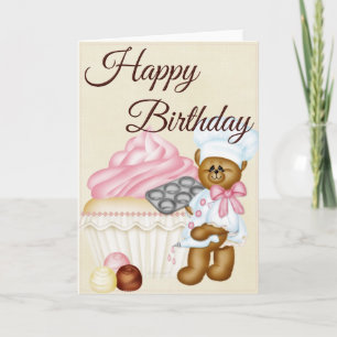 Tarjeta Pastel de vainilla con Bear Baker Happy Birday Car