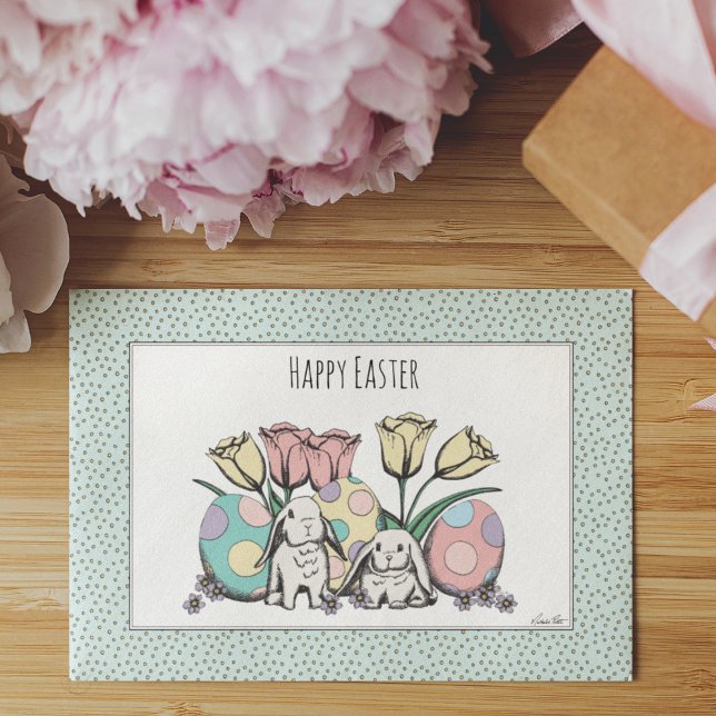 Tarjeta Pastel feliz conejo de Pascua y niños de huevos (Adorable Easter Greeting Card, hand-drawn illustration with cute bunnies, Easter eggs & tulips)
